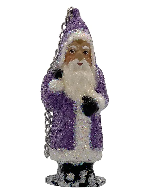 Santa with Tree, Paper Mache Ornament, clear beaded purple with glitter trim by Ino Schaller