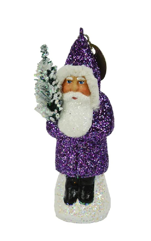 Santa with Tree, Paper Mache Ornament, purple glitter with chenille trim, by Ino Schaller