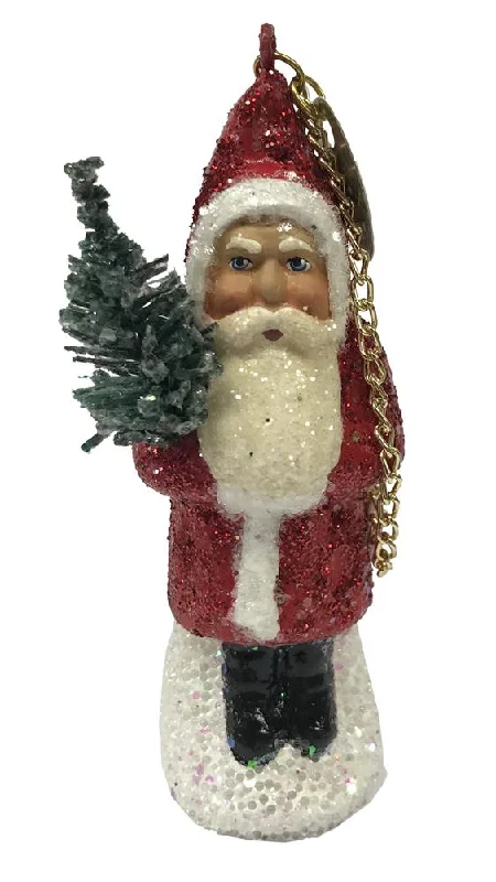 Santa with Tree, Paper Mache Ornament, red glitter and beaded by Ino Schaller