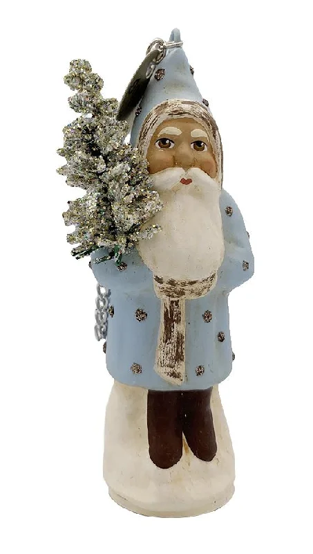 Santa with Tree, Paper Mache Ornament, antiqued light blue by Ino Schaller