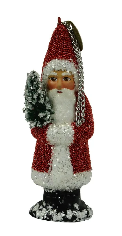 Santa with Tree, Paper Mache Ornament, red beaded with white glitter, by Ino Schaller