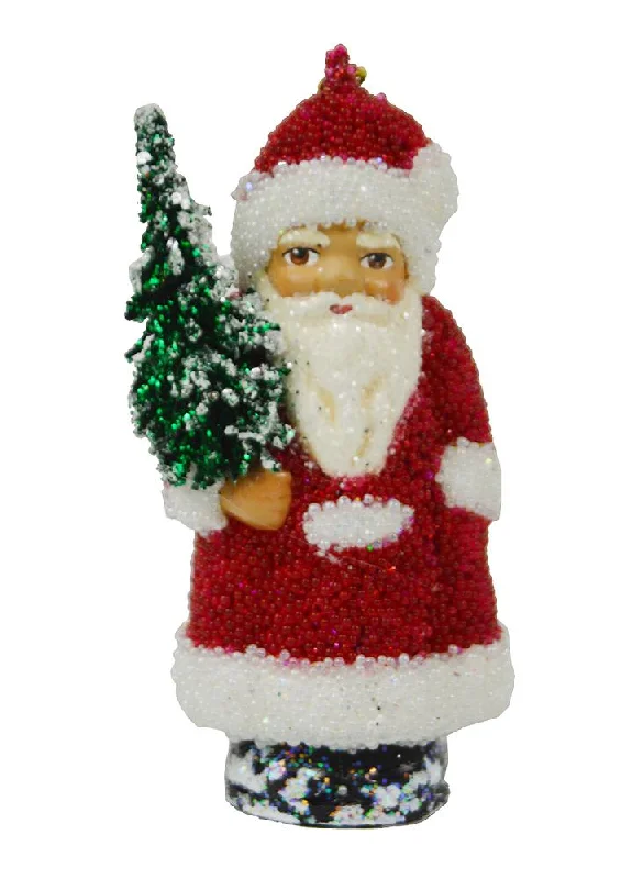 Santa with Tree, Paper Mache Ornament, red and white beaded, by Ino Schaller