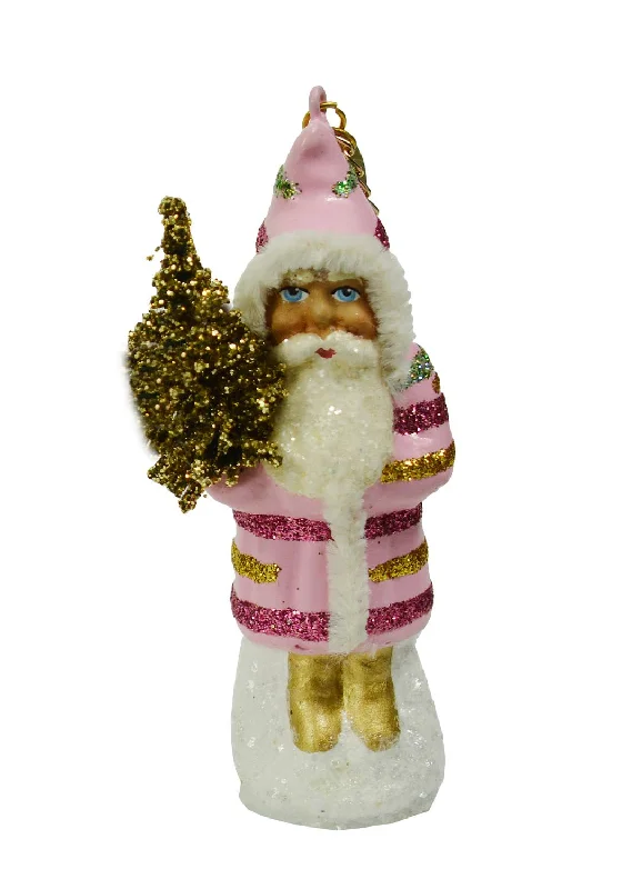 Santa with Tree, Paper Mache Ornament, rose with multi stripes, by Ino Schaller