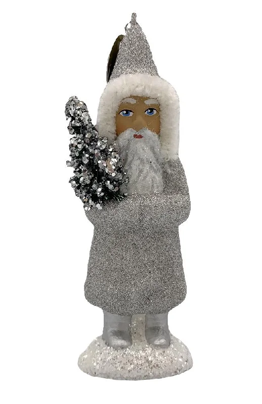 Santa with Tree, Paper Mache Ornament, silver with white chenille trim, by Ino Schaller