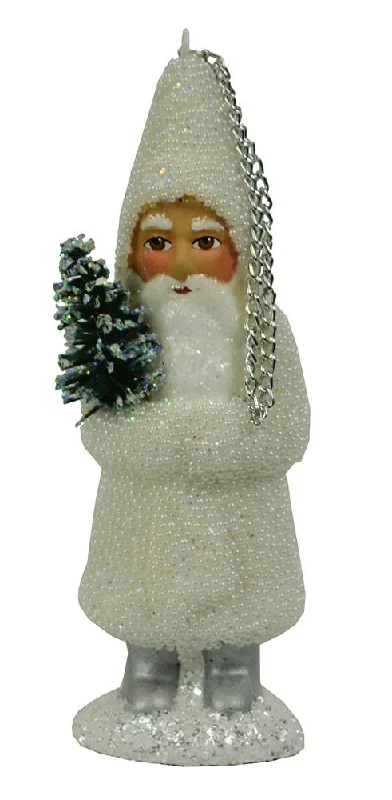 Santa with Tree, Paper Mache Ornament, white beaded, by Ino Schaller