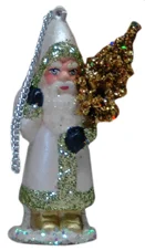 Santa with Tree, Paper Mache Ornament, white pearl with gold, by Ino Schaller