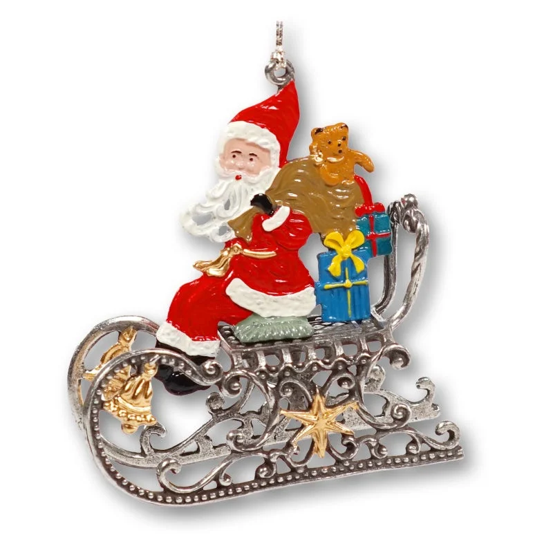 Santa on Sled 3D Ornament by Kuehn Pewter