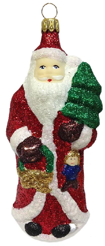 Santa with Tree and Doll, Heavily Glittered Ornament by Hausdorfer Glas Manufacture