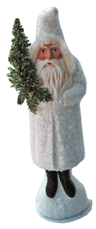 Santa, White Coat with Tree and Holly Leaf Paper Mache Candy Container by Ino Schaller