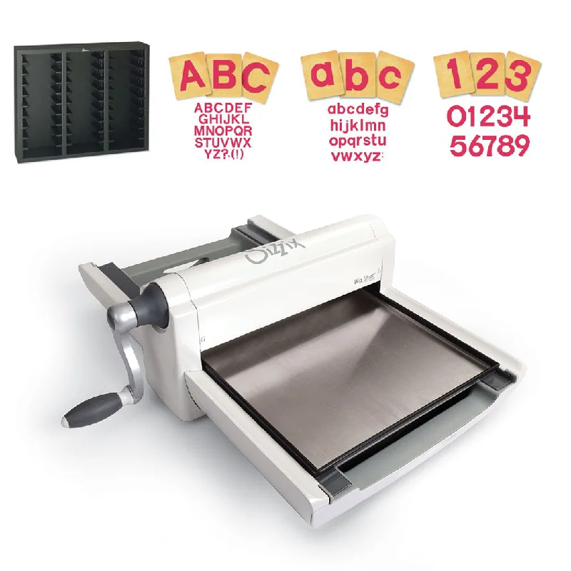 Sizzix Big Shot Pro Starter Set with SureCut 4" Block Numbers, Capital and Lowercase Letters (60 dies) and Storage Rack