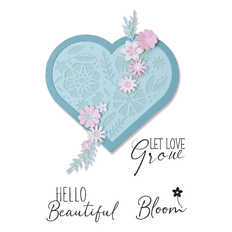 Sizzix Framelits Die Set 3PK w/3PK Stamps - Blooming Heart