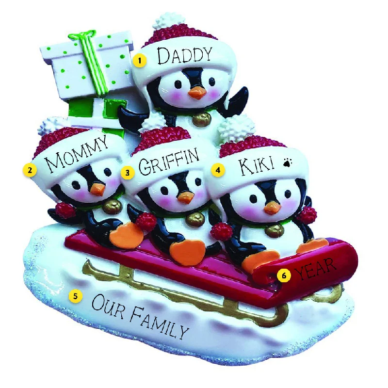 Personalized Sledding Penguin Family of 4 Ornament