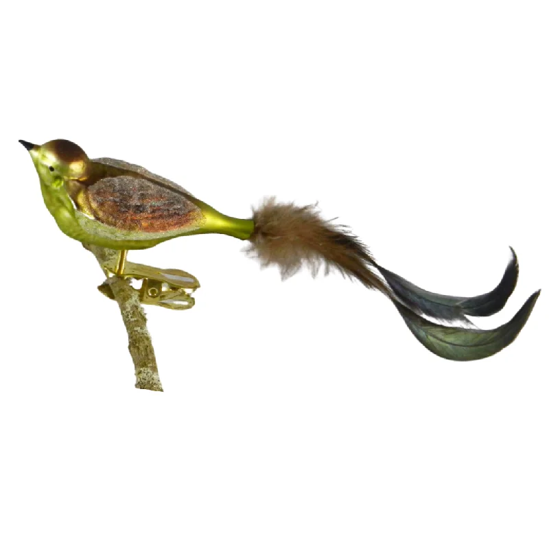 Bird, small wide with feather tail, green and bronze by Glas Bartholmes