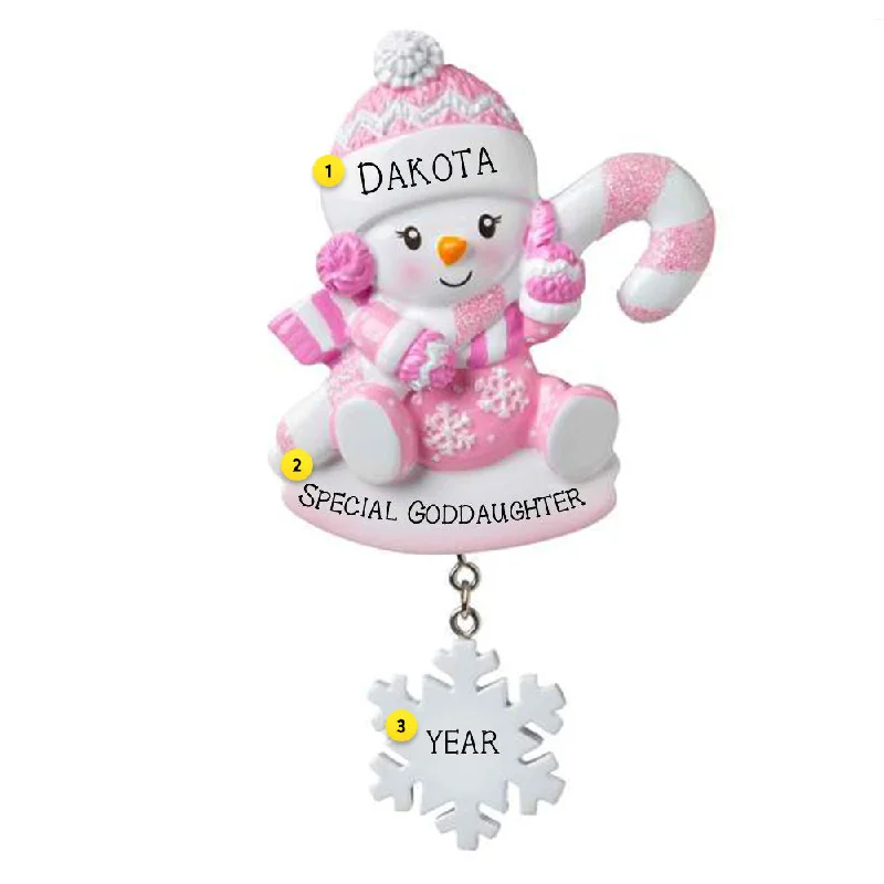 Personalized Snowbaby with Candy Cane Ornament - Pink