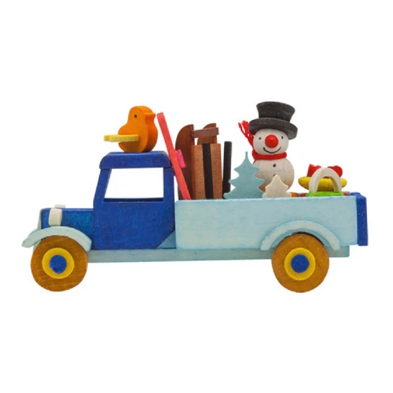 Snowman in Truck Ornament, Dk Blue by Graupner Holzminiaturen